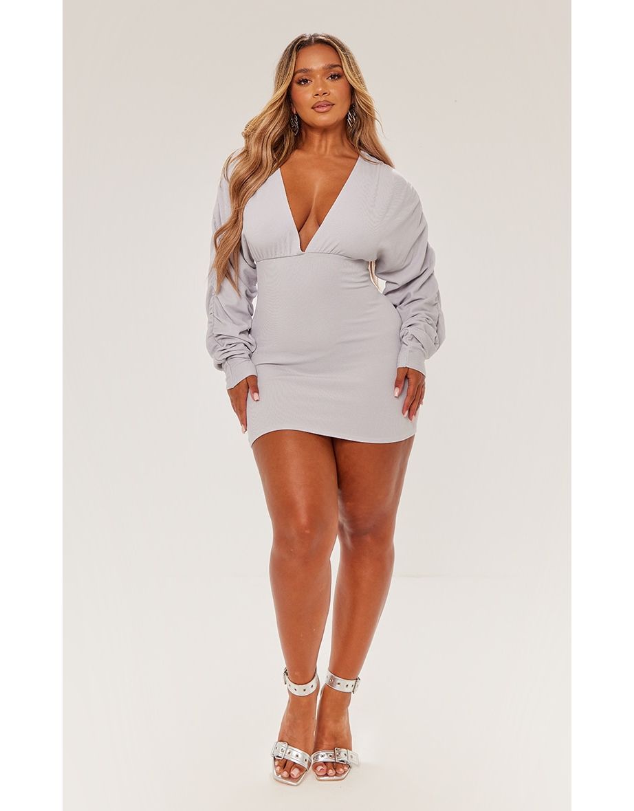 Shop Shape Light Grey Soft Rib Plunge Ruched Sleeve Bodycon Dress Online in Bahrain VogaCloset