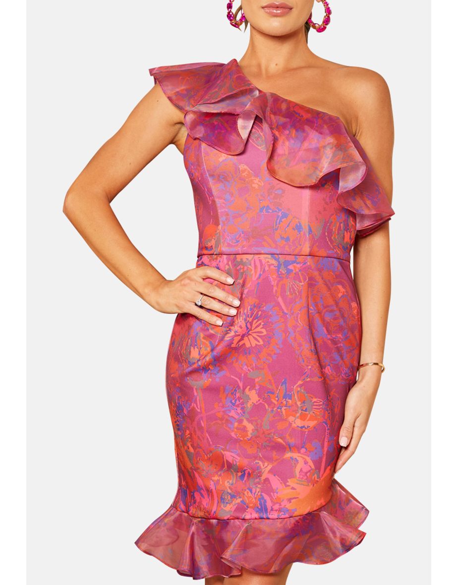 One-Shoulder Ruffle Floral Print Bodycon Mini Dress in Pink - 9