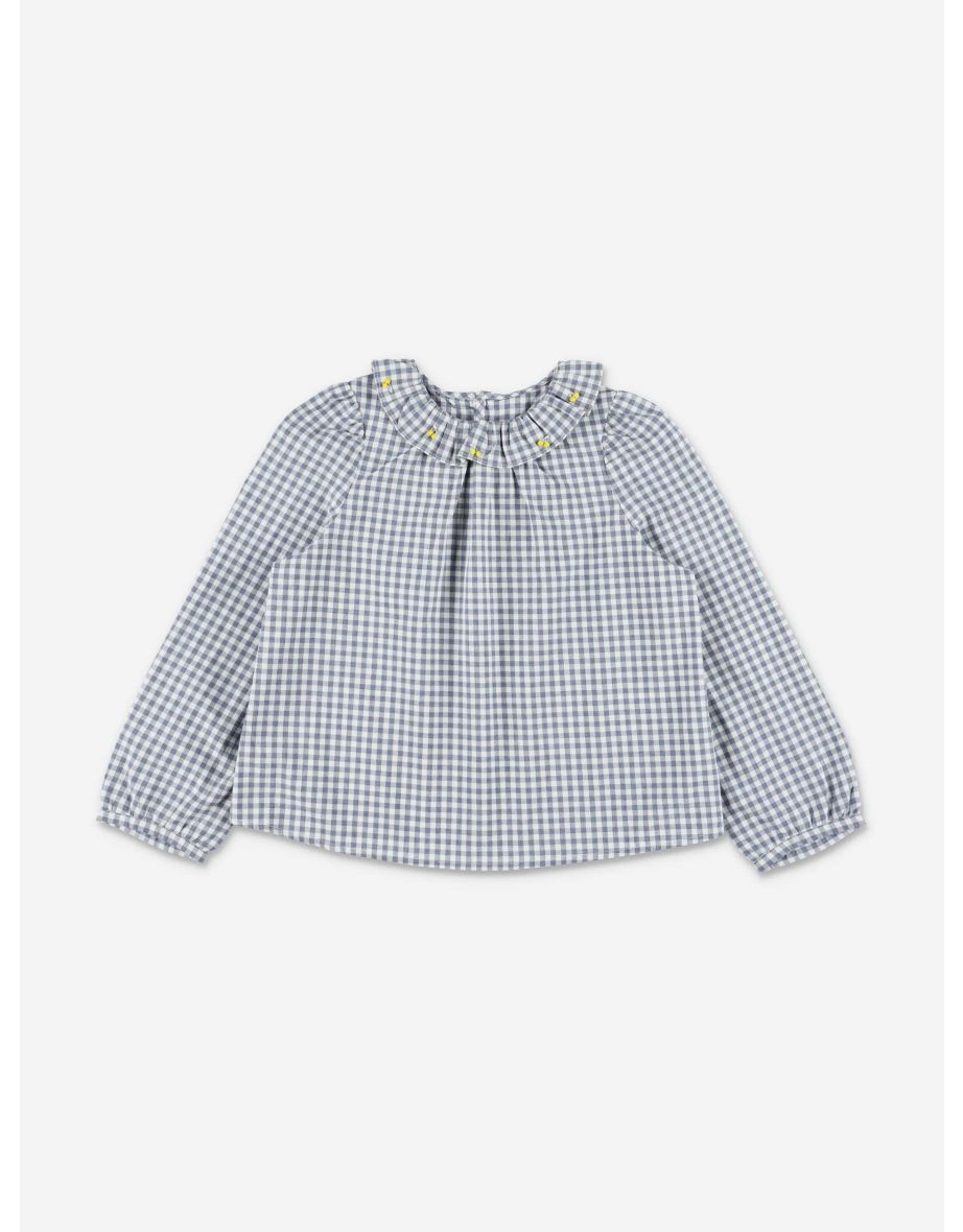 Bonpoint Girls Embroidered Gingham Blouse in Grey