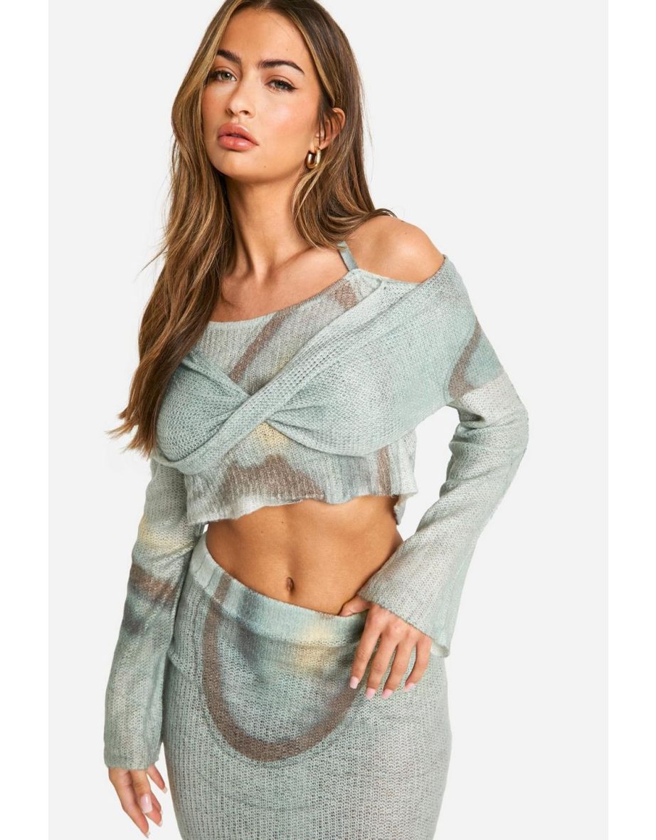 Premium Knitted Abstract Print Bardot Top & Skirt Co-ord - multi - 3
