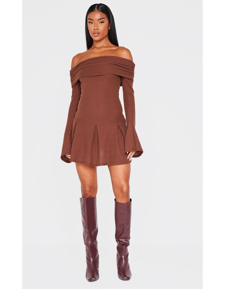 Chocolate Waffle Textured Bardot Pleated Shift Dress