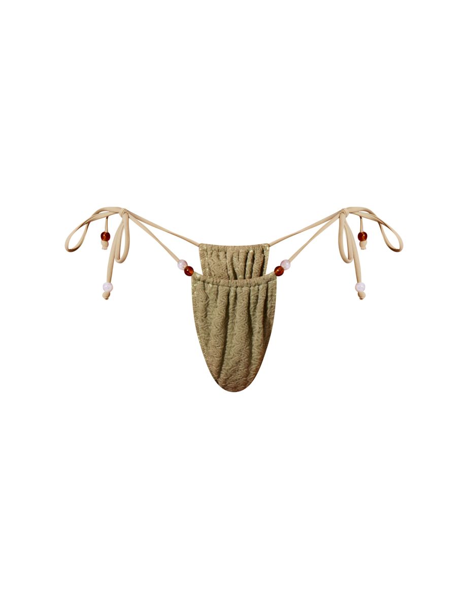 Sage Green Textured Bead Detail Tie Side Bikini Bottoms - 4
