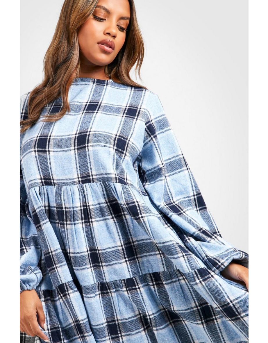 Plus Brushed Check Smock Dress - blue - 3