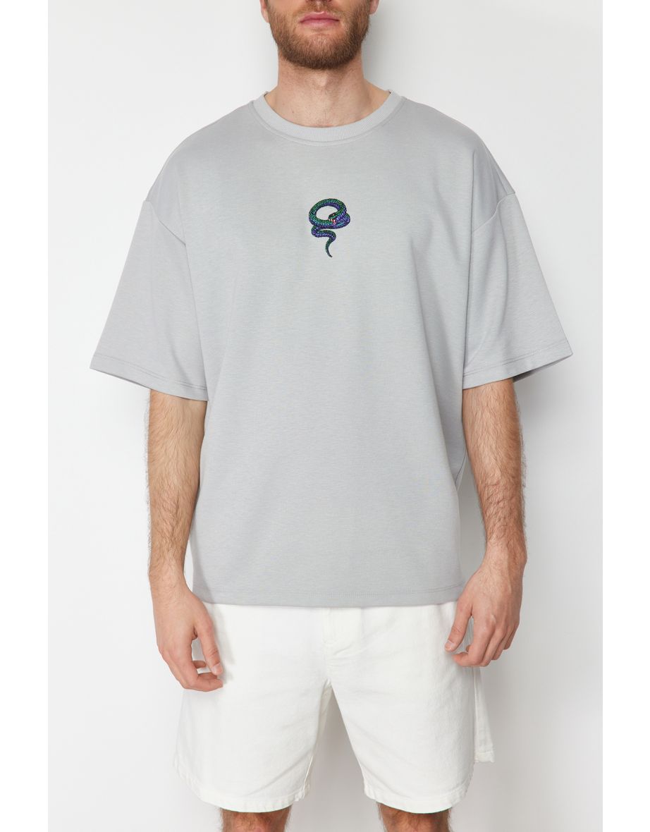 Limited Edition Gray Men's Oversize Snake Embroidery Thick Premium T-Shirt - 6