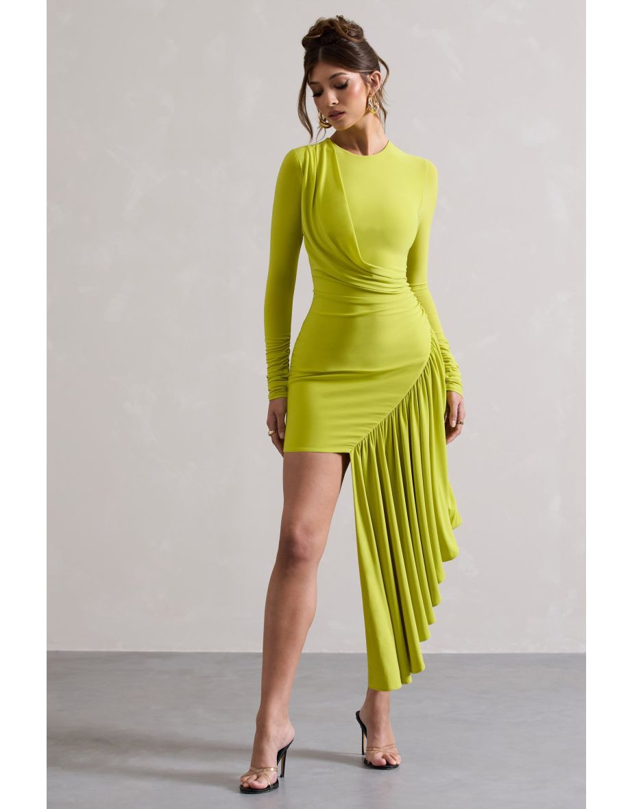 Tate | Lime Green Long-Sleeve Wrap Mini Dress With Drape - 4