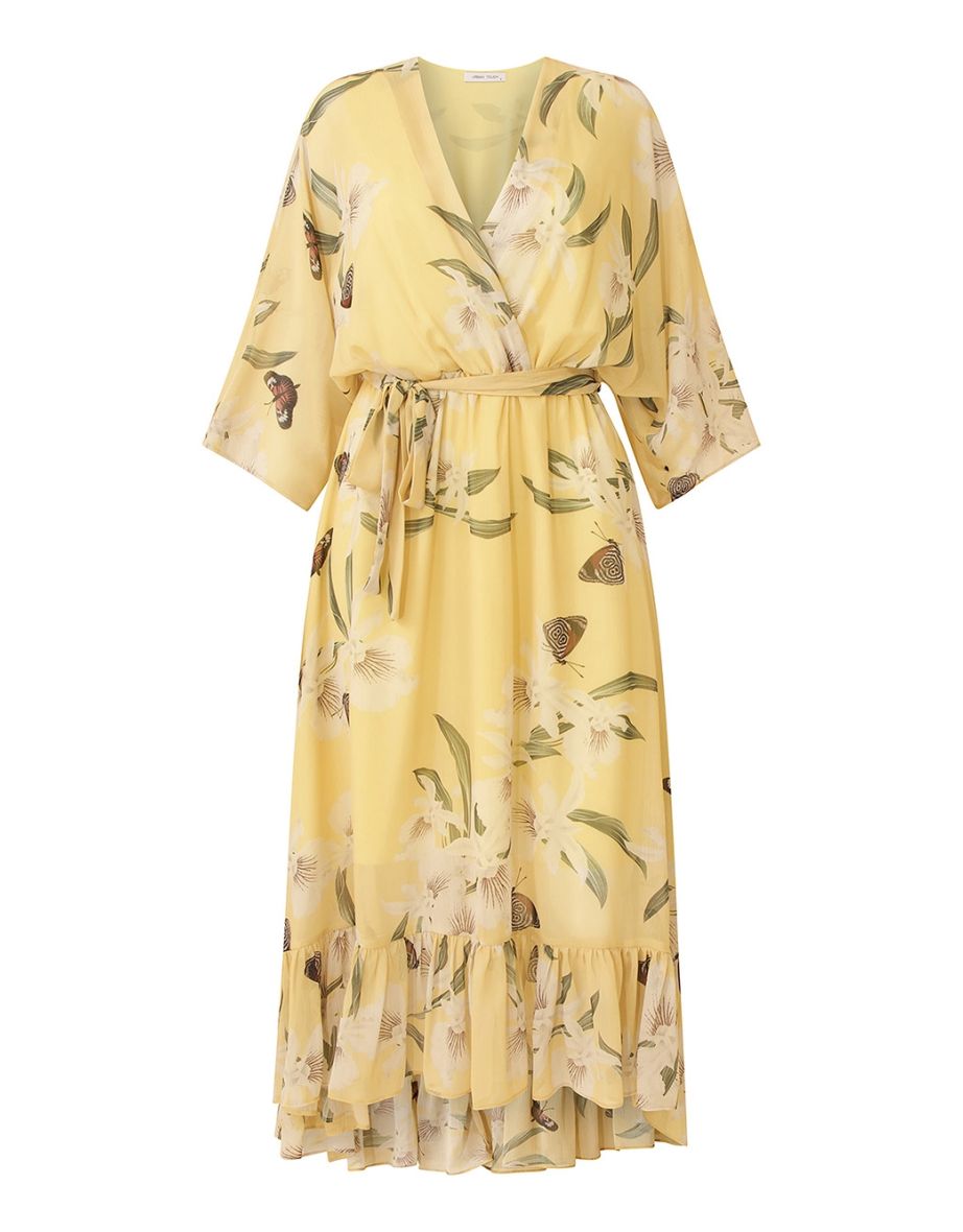 Yumi Floral Print Kimono Yellow Midi Wrap Dress - 7