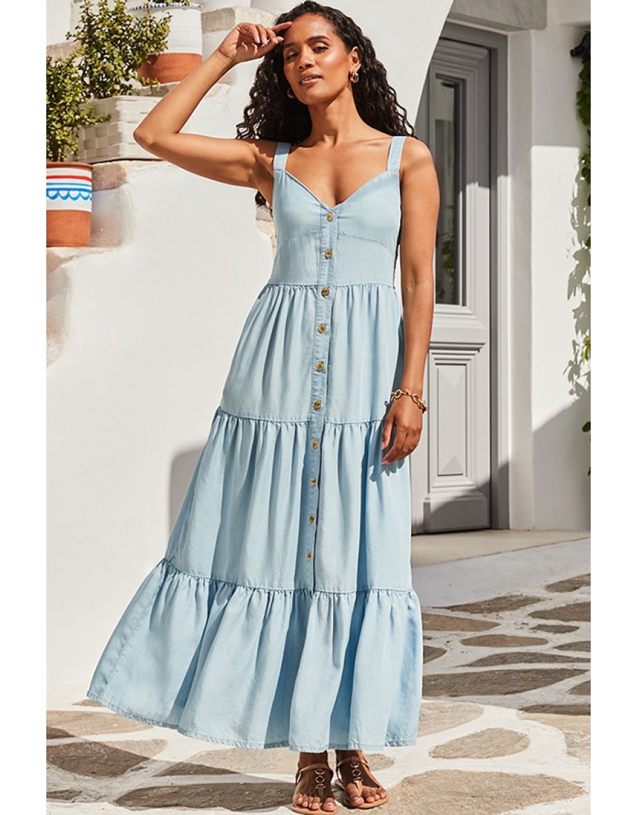 Light Wash Button Front Tiered Hem Denim Dress