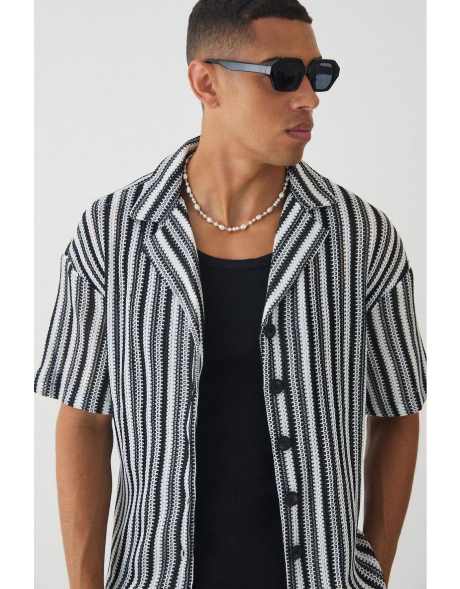 Boxy Fit Revere Open Weave Stripe Shirt - black - 2