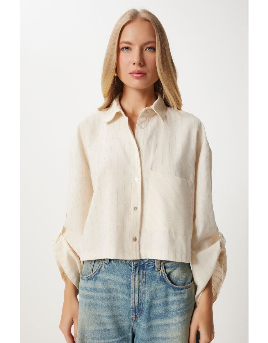 Women's Cream Thin Striped Crop Linen Shirt