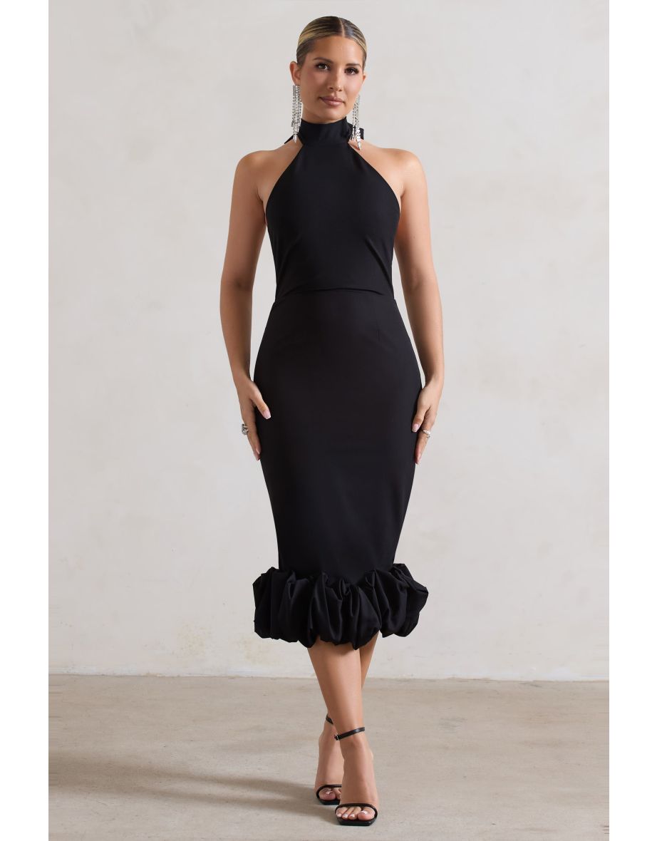 Ashton | Black High-Neck Midi Dress With Ruffle Hem