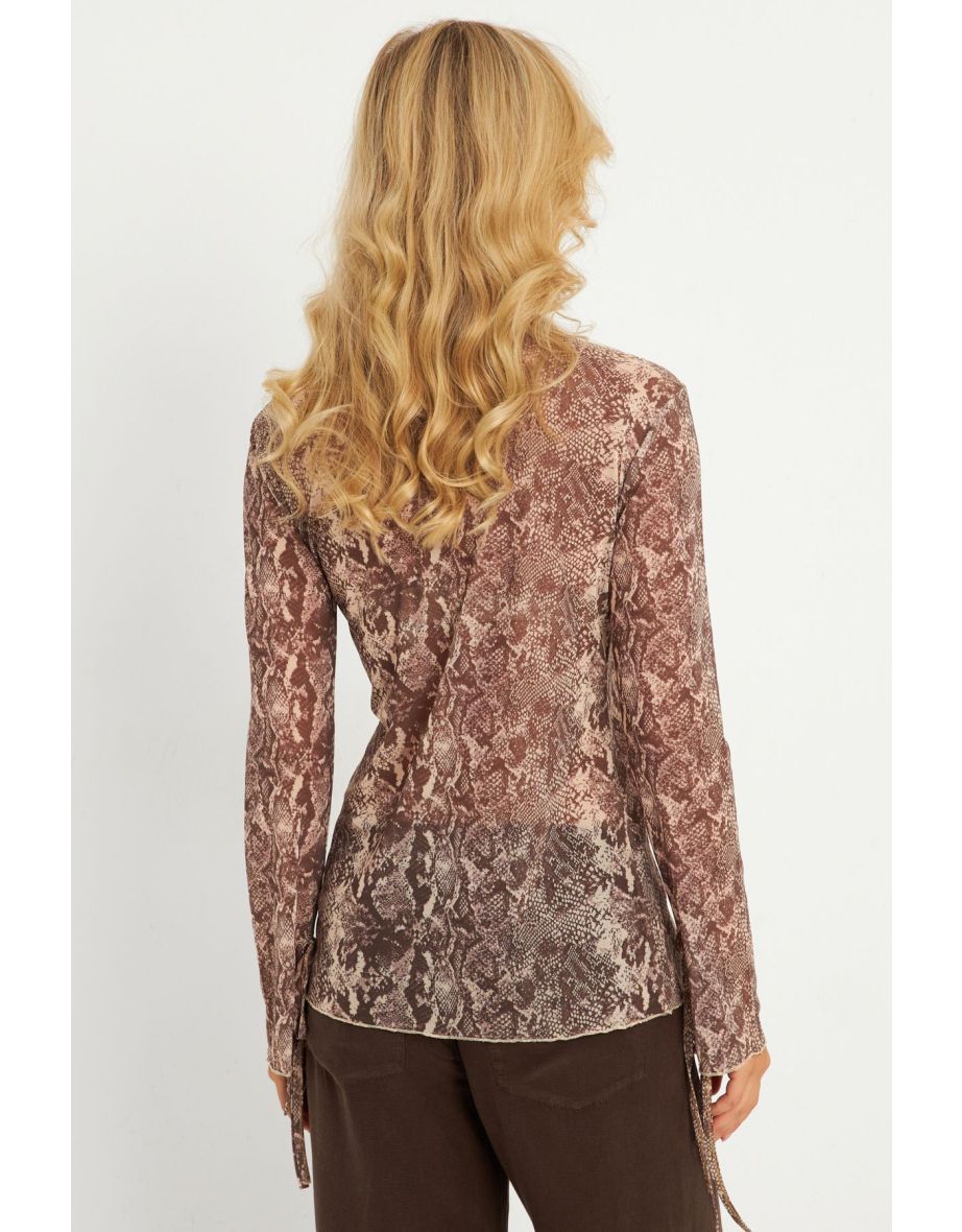 Women's Stone Snake Patterned Tulle Blouse - 5