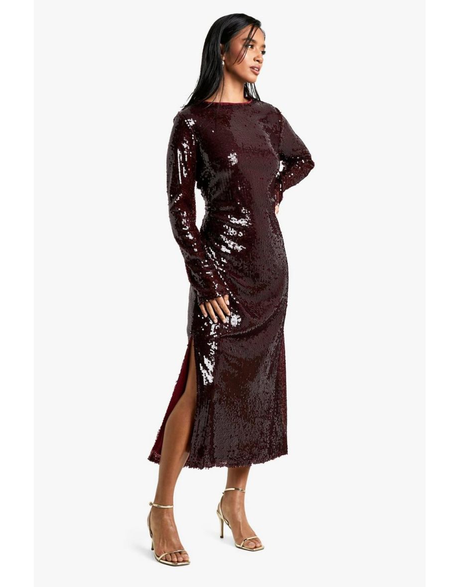 Petite Crew Neck Sequin Maxi Dress - plum