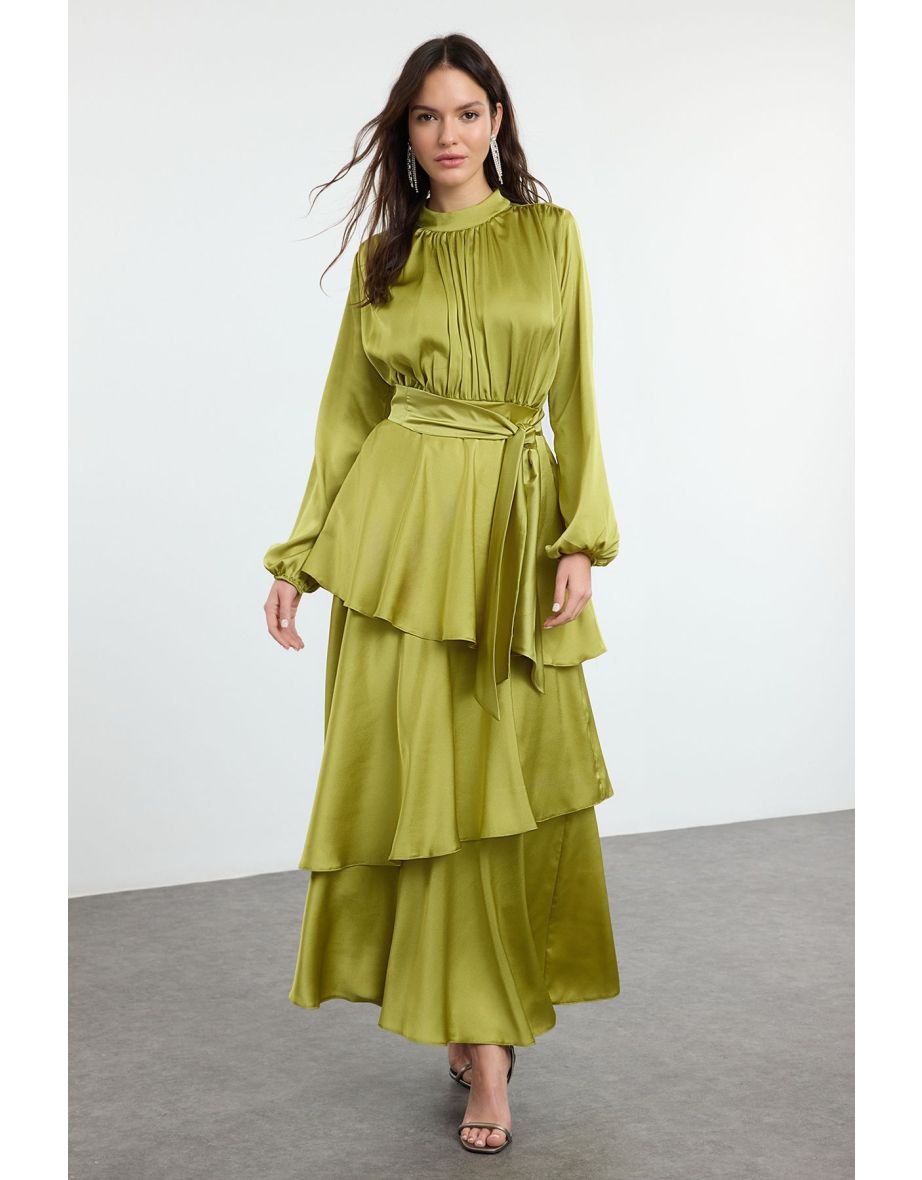 Oil Green Layered Satin Woven Evening Dress/Evening Gown