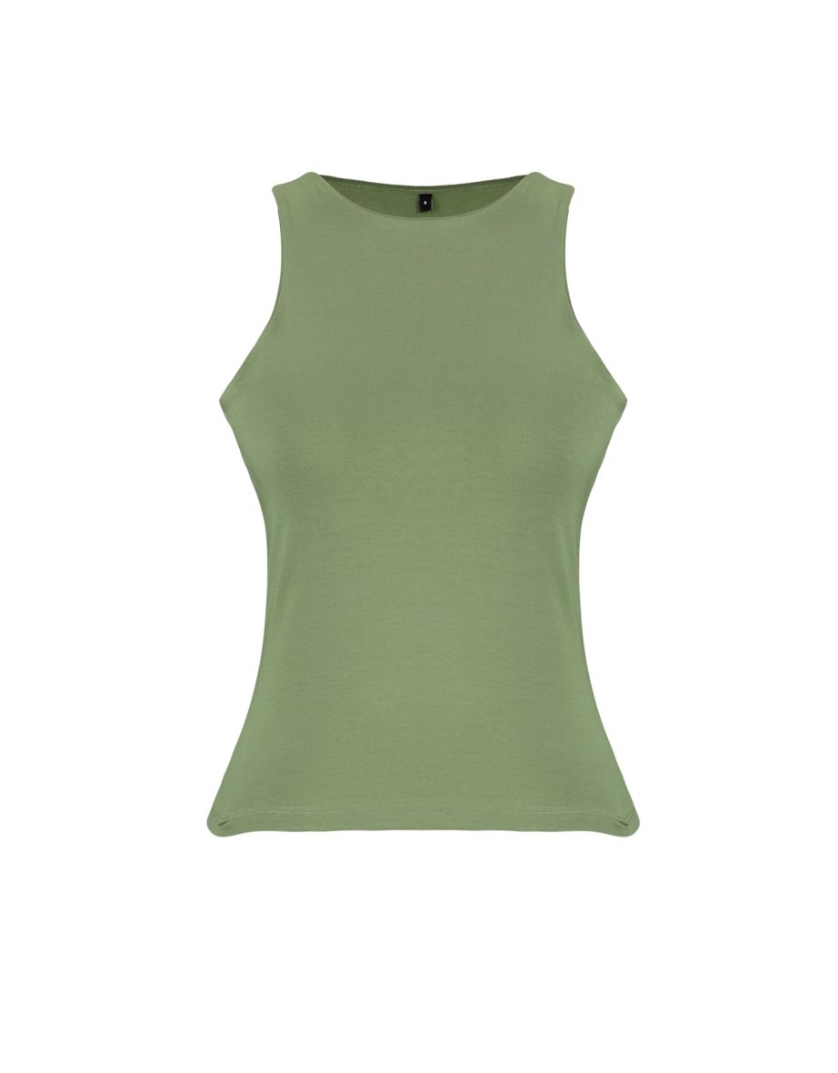 Khaki Faded/Faded Effect Cotton Halter Neck Fitted Elastic Knitted Undershirt - 7