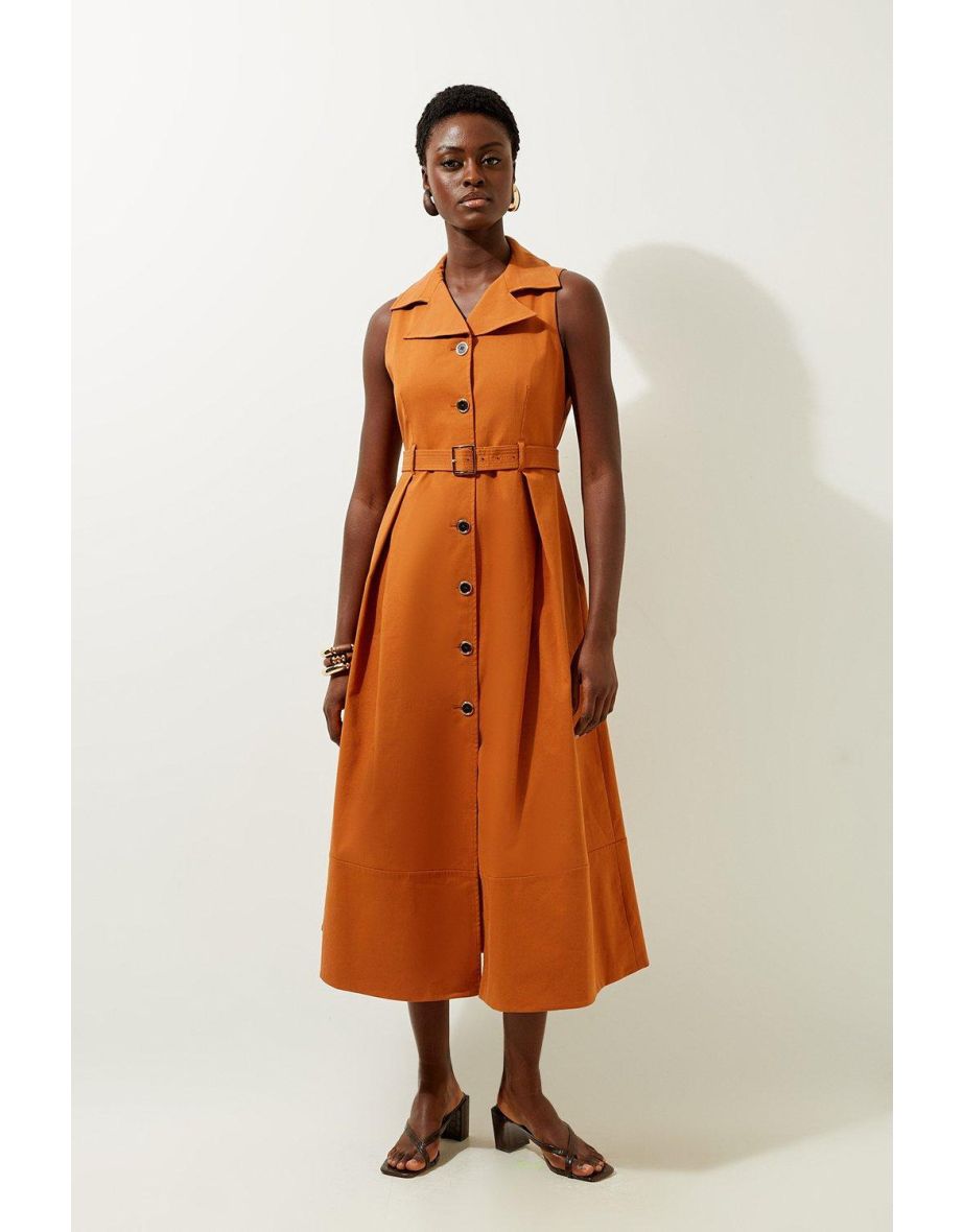Tailored Cotton Halter Neck Belted Full Skirted Shirt Dress