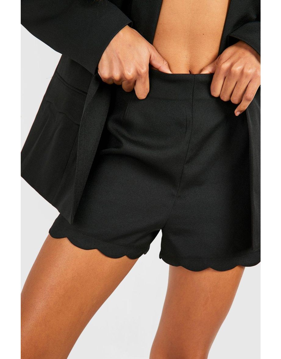 Scalloped Hem Tailored Shorts - black - 3