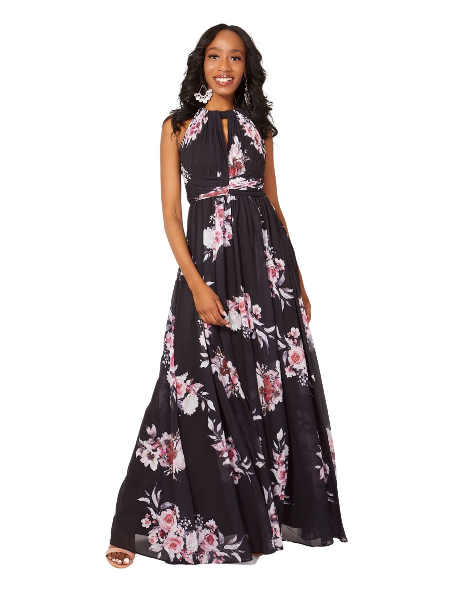 Open Back Pleated Halterneck Floral Maxi Dress - black
