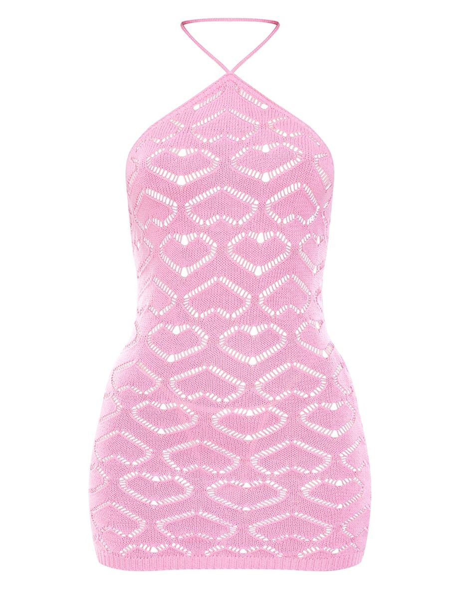 Light Pink Heart Cut Out Crochet Knit Mini Dress - 3