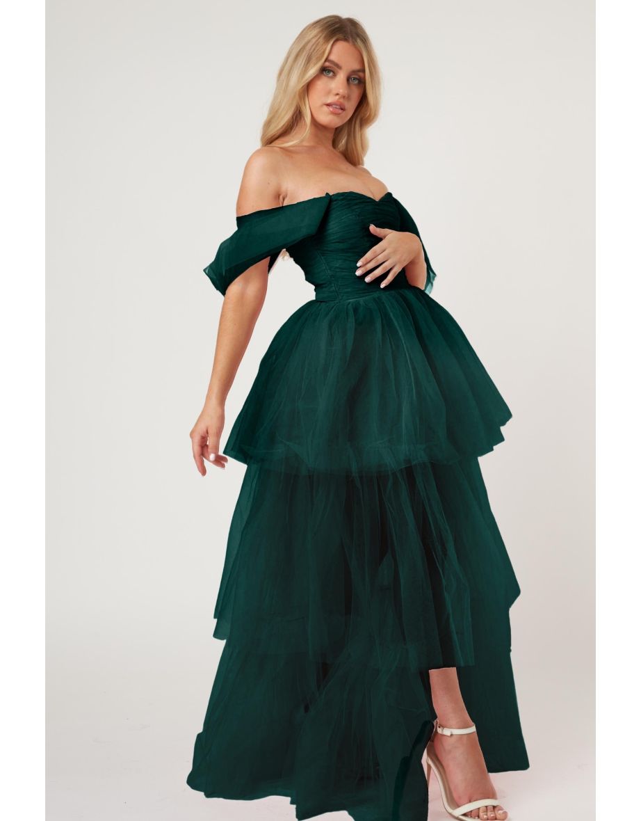 Sydney Off Shoulder Tulle Maxi Dress in Emerald Green - 5