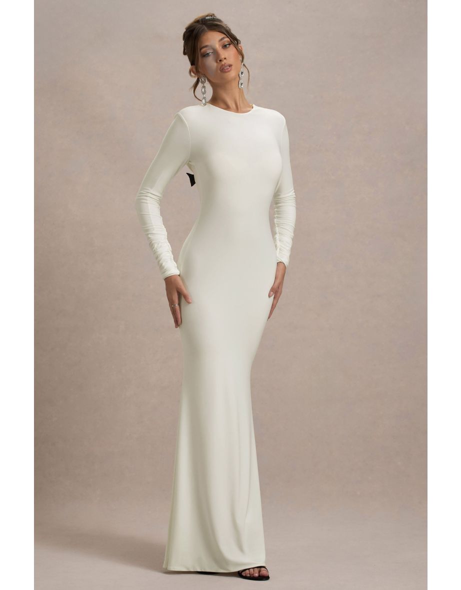 Rosalee | Cream Long-Sleeve Cowl-Back Fishtail Dress With Bows