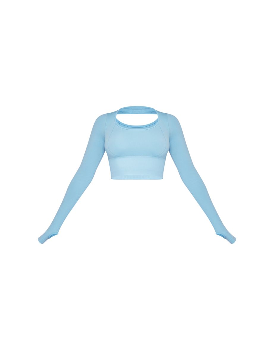 PLT SPORT Bright Blue Seamless Contrast Detail Long Sleeve Crop Top - 4