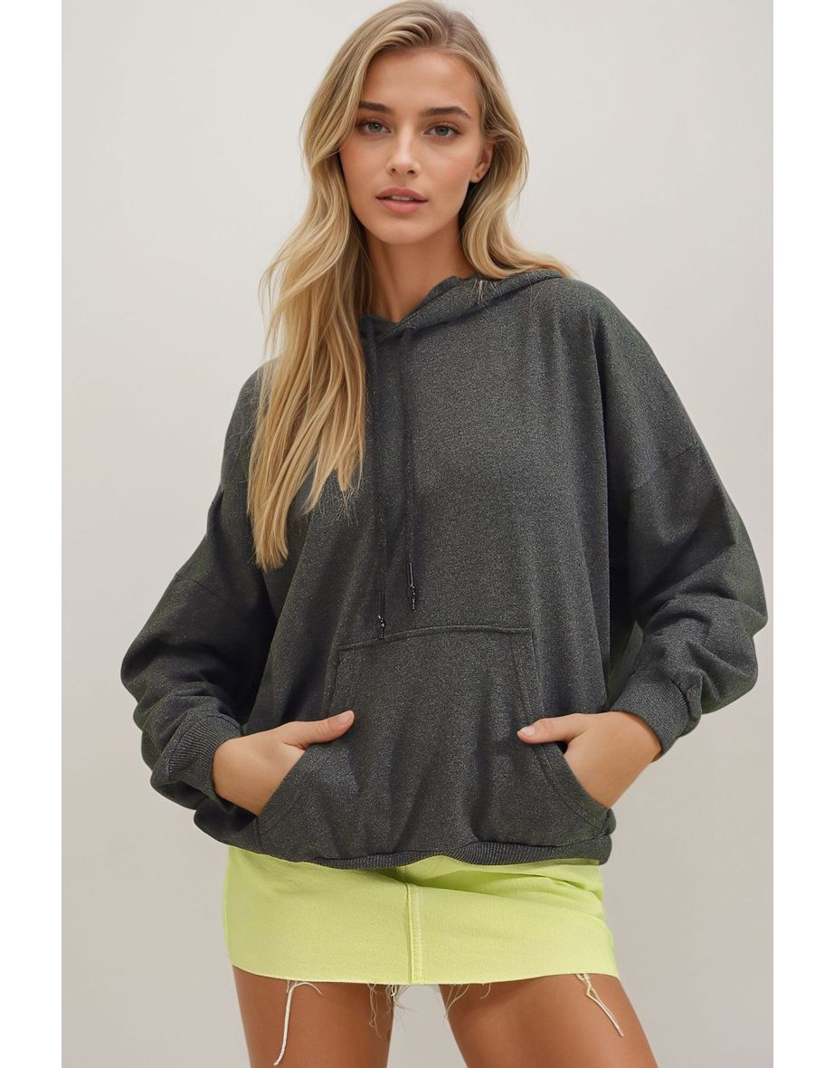 Women's Anthracite Hoodie. Kangaroo Pocket Two Thread Sweatshirt