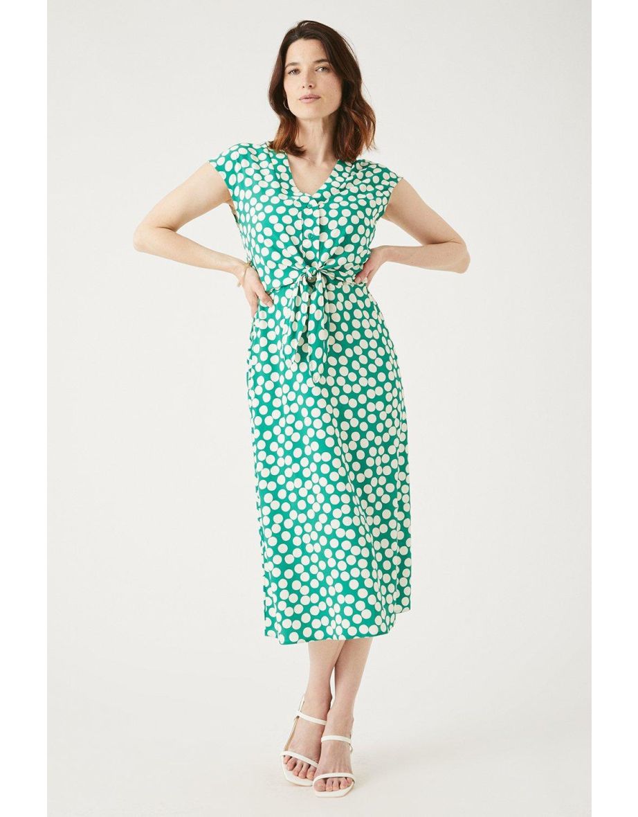Green Spot Tie Front Midi Dress - green