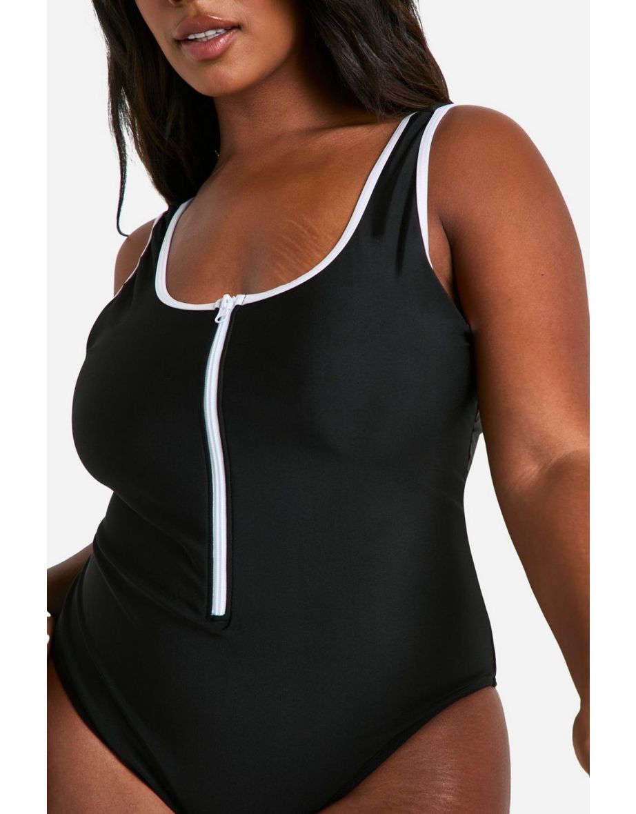 Plus Contrast Zip Front Swimsuit - black - 3