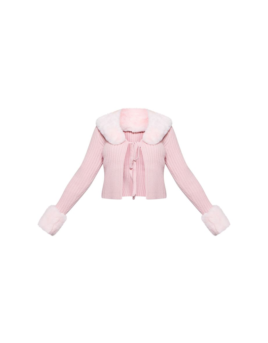Pink Faux Fur Trim Detail Tie Front Cardigan - 4