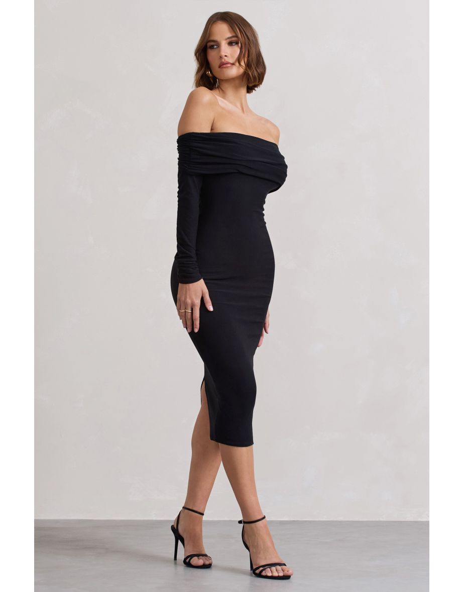 Intercept | Black Bodycon Bardot Tie-Back Midi Dress - 4