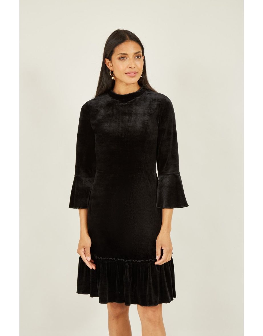 Mela Black Velvet High Neck Skater Dress