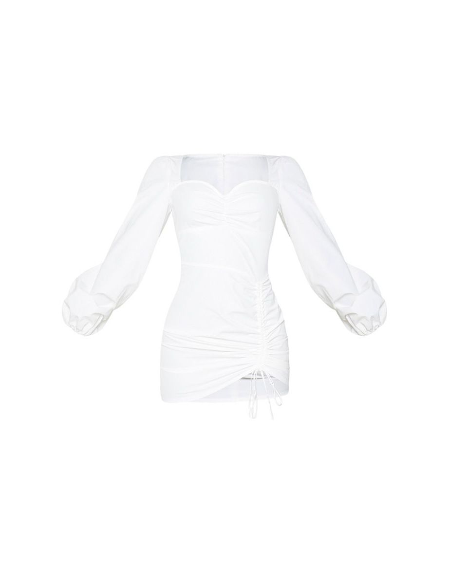 فستان قميص مزموم بأكمام طويلة - أبيض - 4