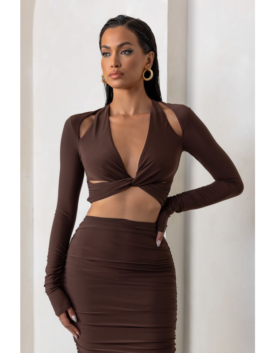 Admirable | Chocolate Brown Plunge Neck Twist Front Crop Top With Long Sleeves - 3
