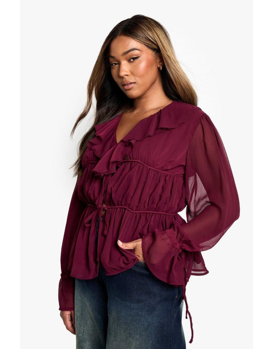Plus Ruffle Tiered Tie Sleeve Smock Top - plum