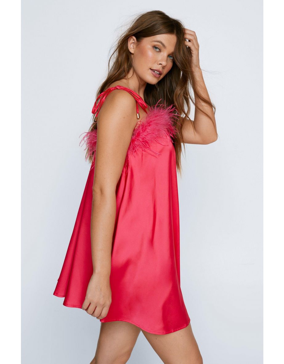 Feather Trim Satin Nighty Slip Dress - 3