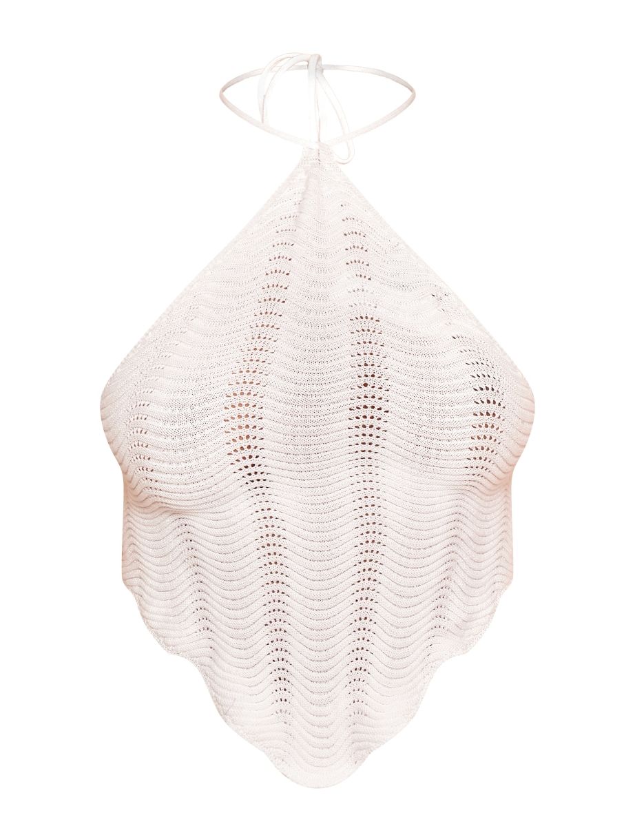 White Wave Knit Halter Tie Back Crop Top - 4