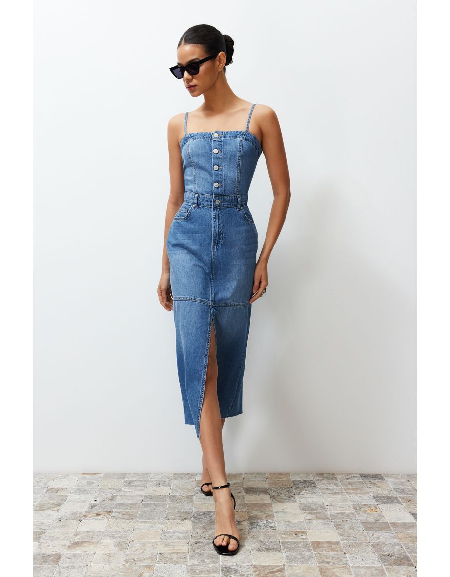 Blue Strappy Denim Maxi Dress