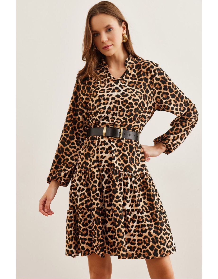 Women's Leopard Stone V-Neck Flounce Dress