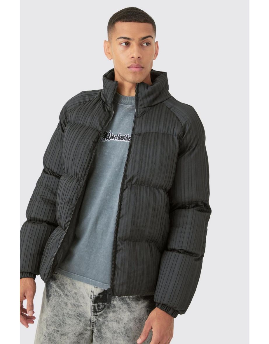 Pleated Funnel Neck Puffer Jacket In Black - black