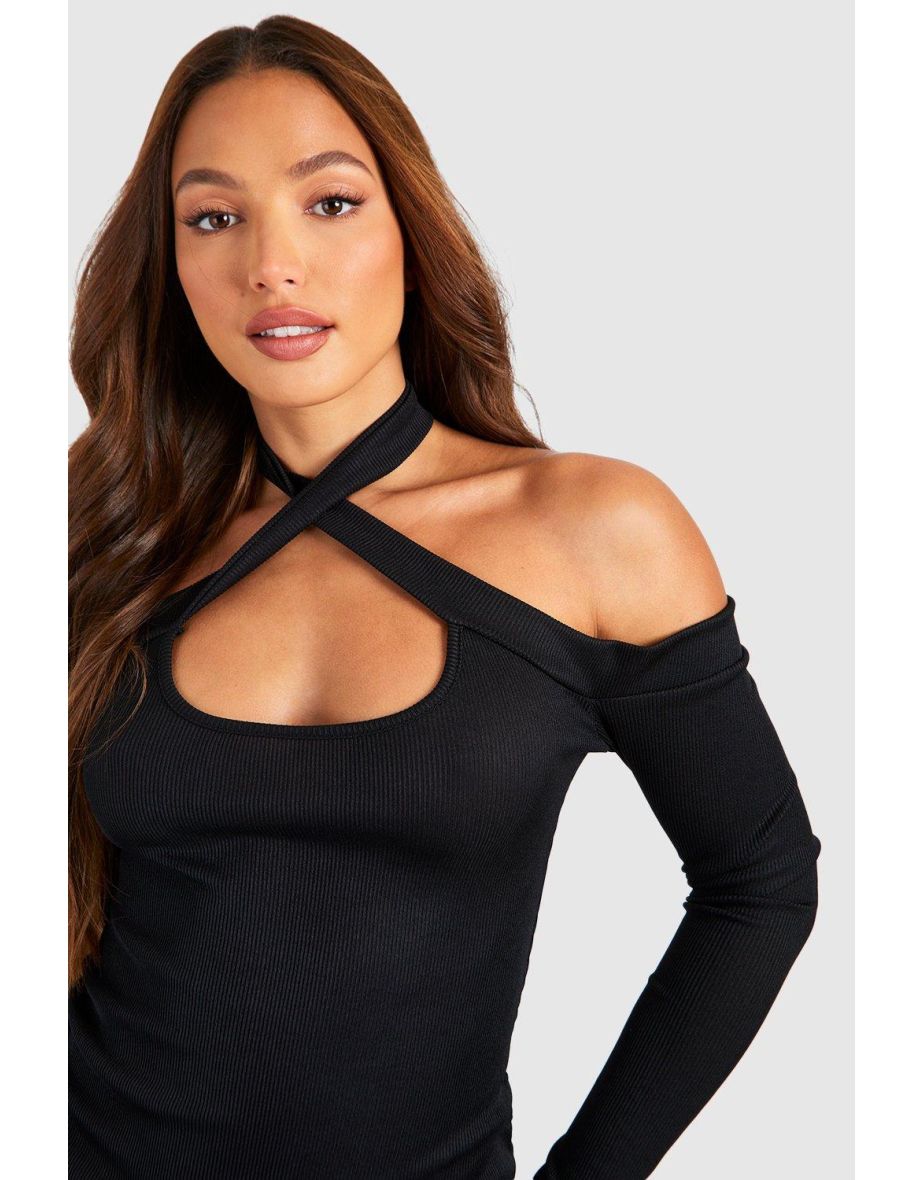 Tall Rib Cut Out Halter Neck Longsleeve Top - black - 3