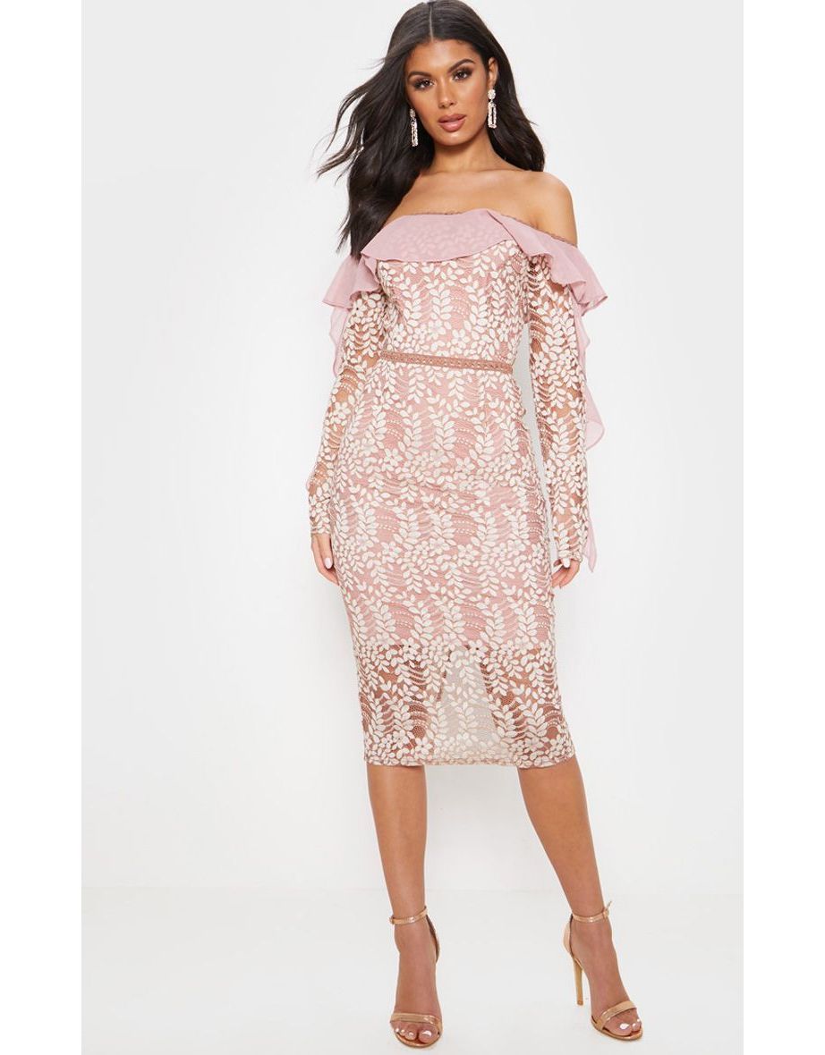 dusty pink bardot lace frill sleeve midi dress