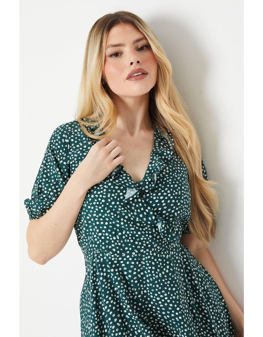 Green Spot Wrap Mini Dress - 3