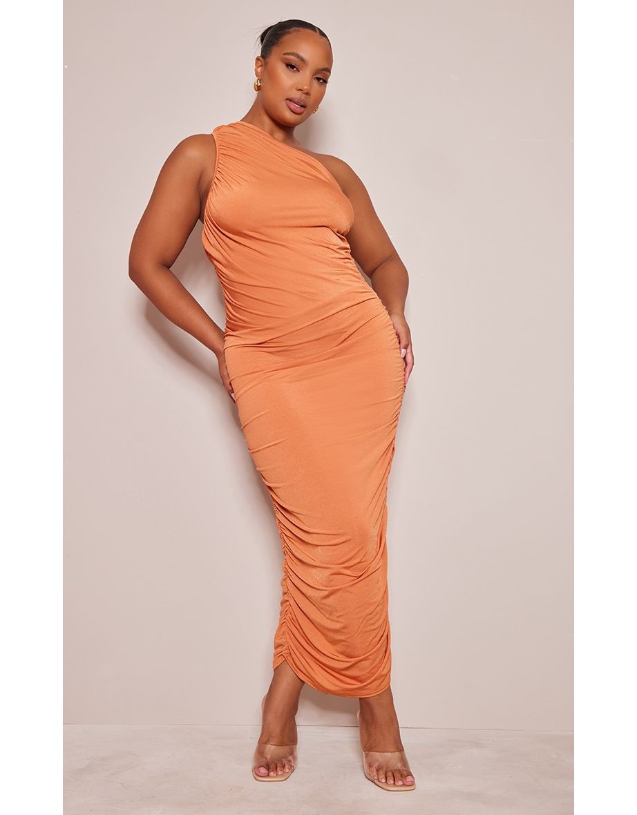 Plus Rust Slinky Ruched One Shoulder Longline Dress