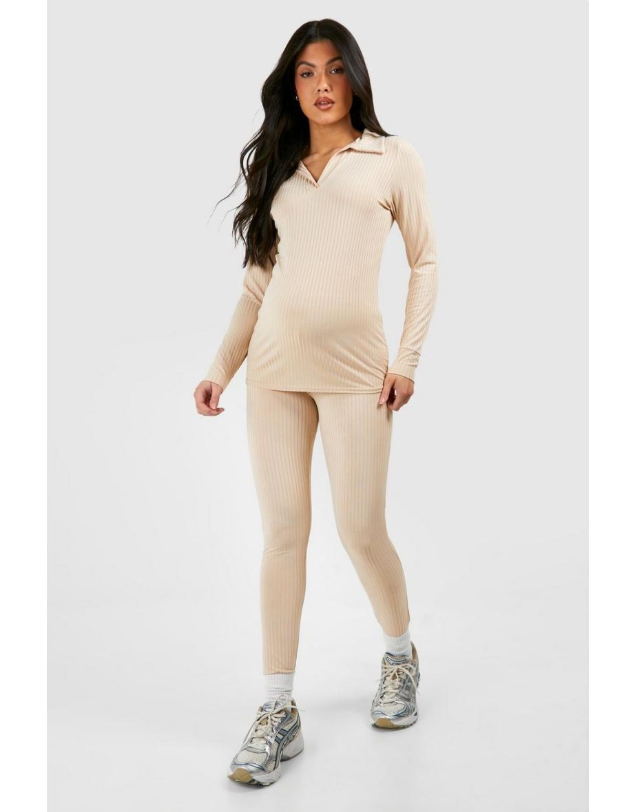 Maternity Rib Collared T-shirt And Legging Set - stone