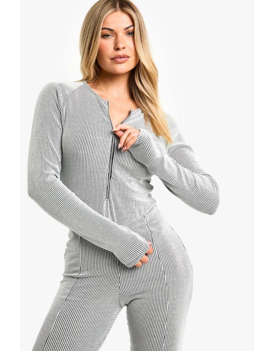 Rib Zip Front Long Sleeve Bodysuit and Split Hem Legging Set - grey marl - 3