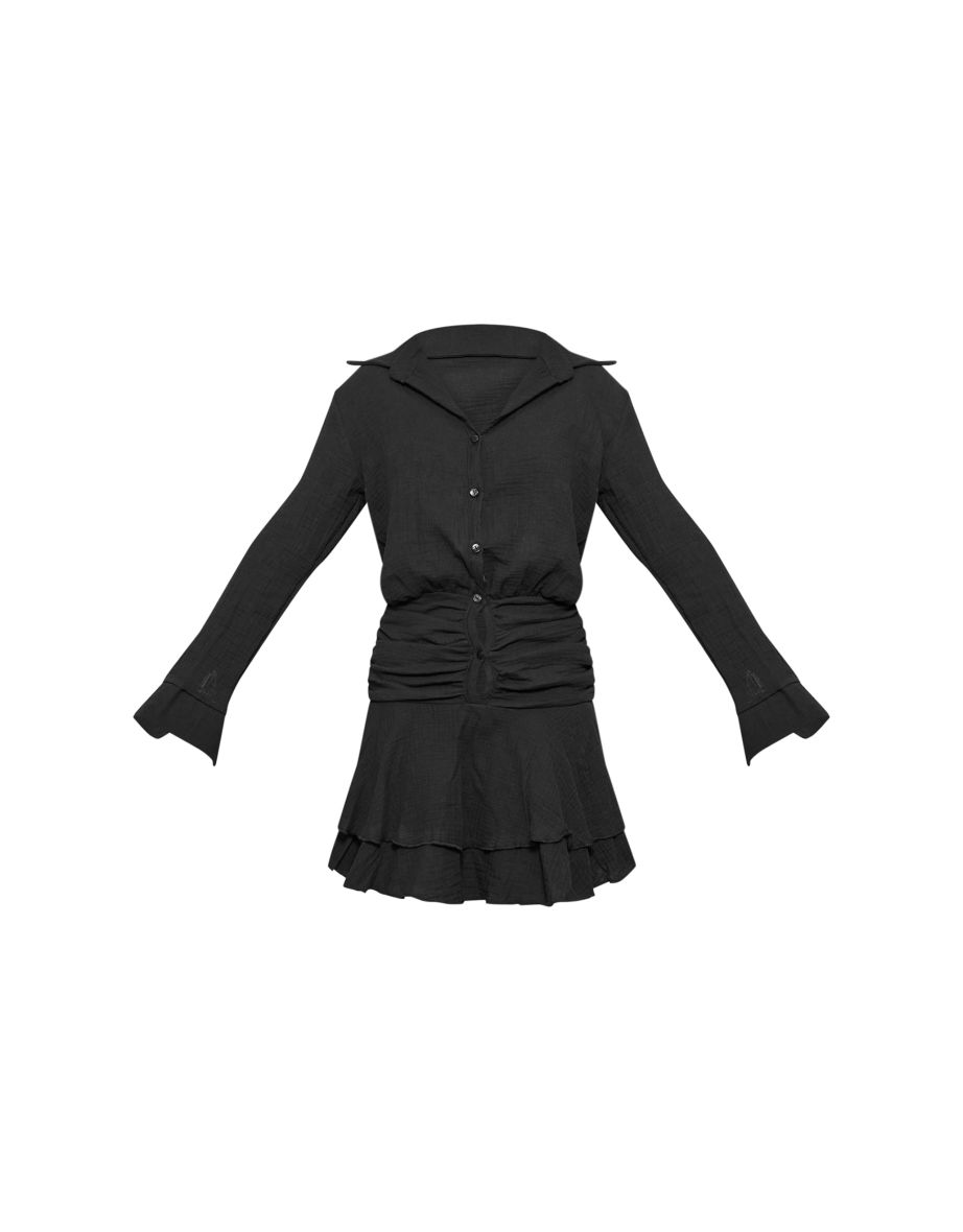 Black Oversized Shirt Frill Detail Shift Dress - 4