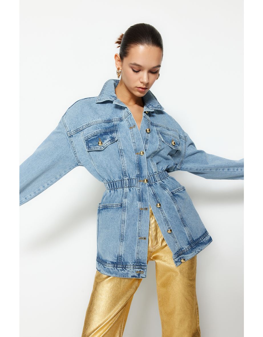 Shop Light Blue Elastic Waist Gold Button Detailed Oversize Long Denim Jacket Online in Bahrain VogaCloset