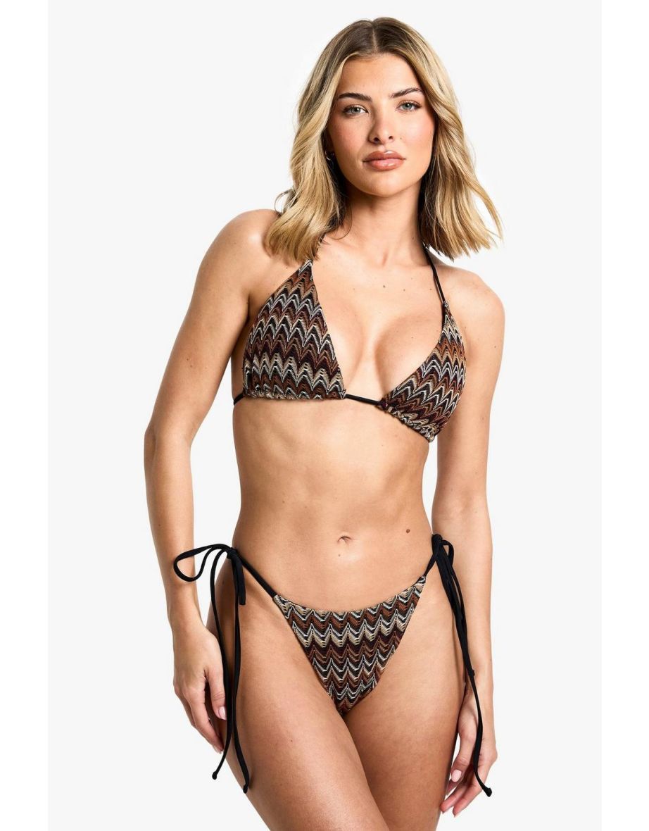 Knitted Zig Zag Tie Side Bikini Brief - multi