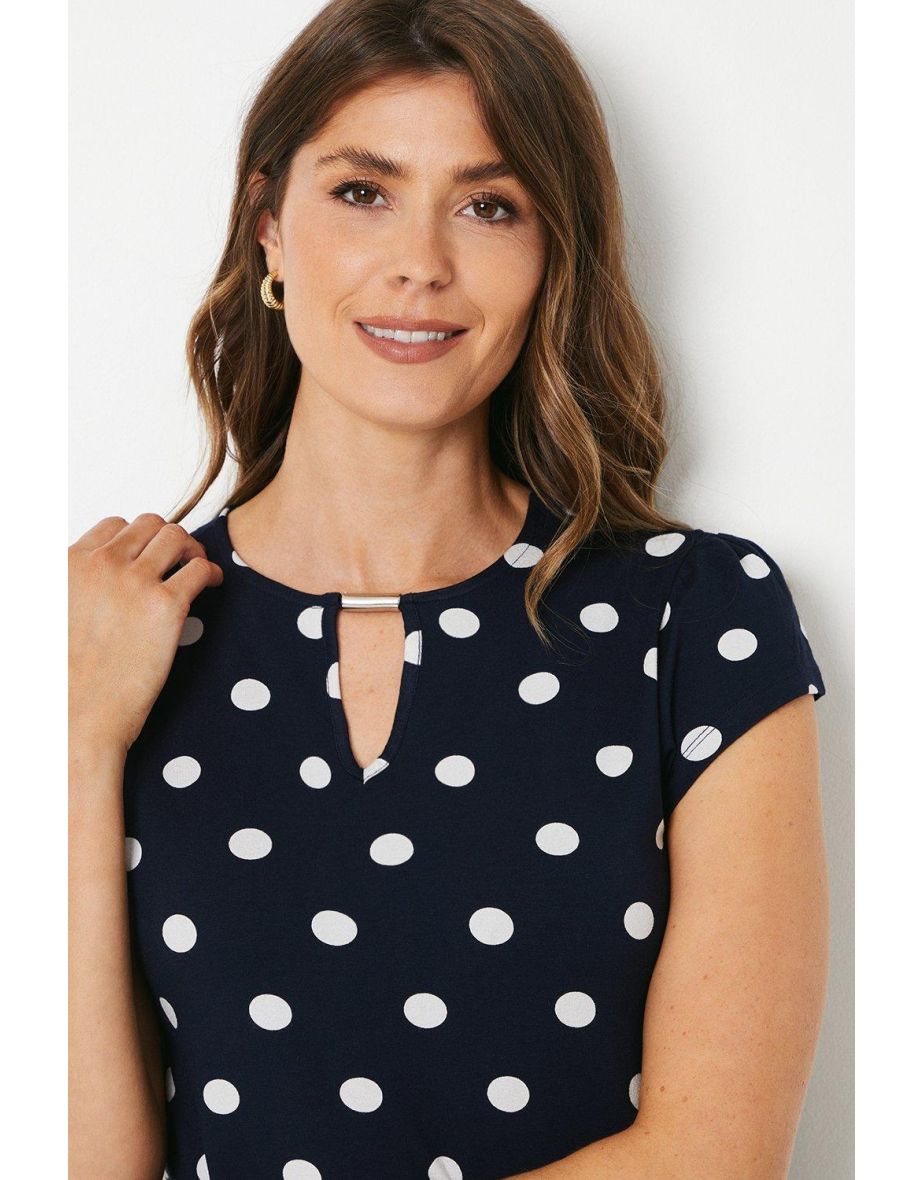 Navy Spot Jersey Flutter Sleeve Keyhole Bubble Hem Top - 3