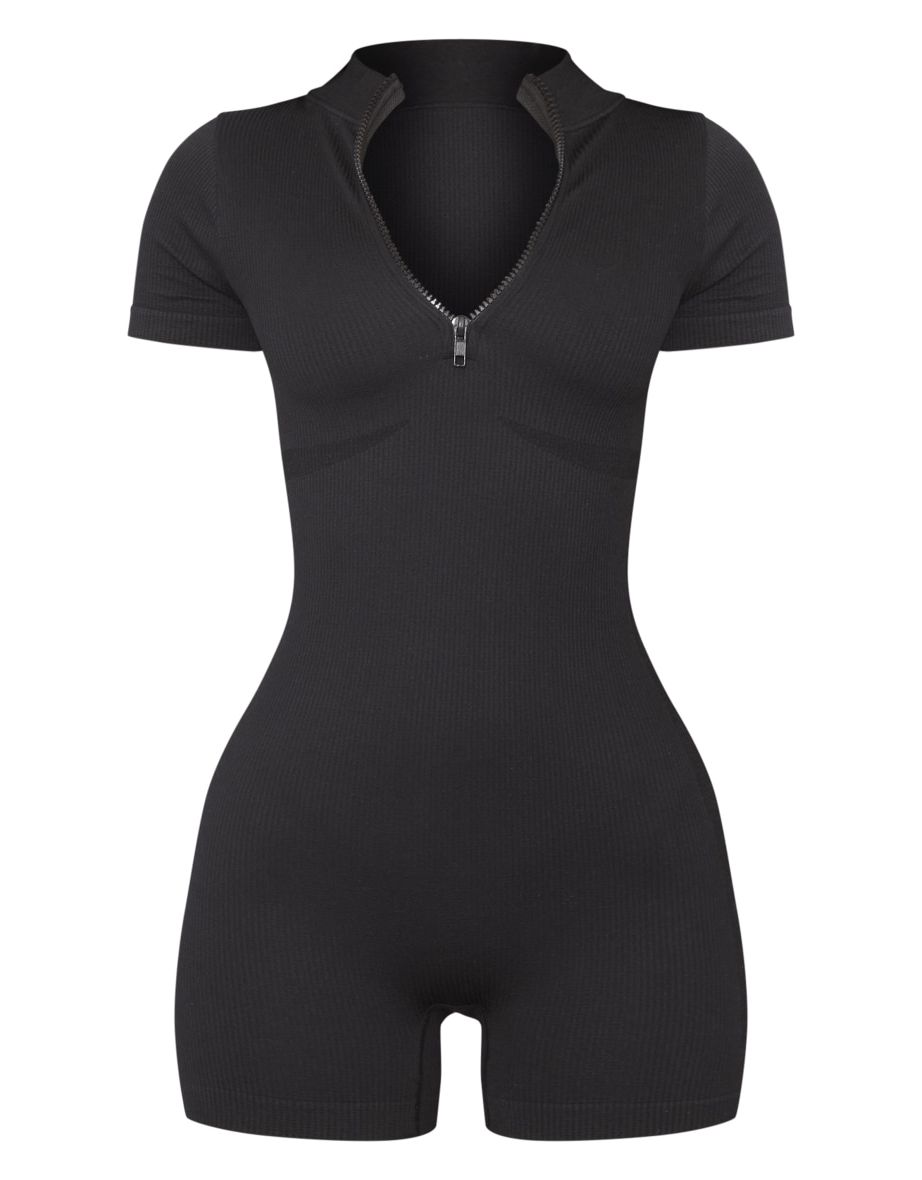 Petite Black Contour Rib Zip Front Unitard - 4